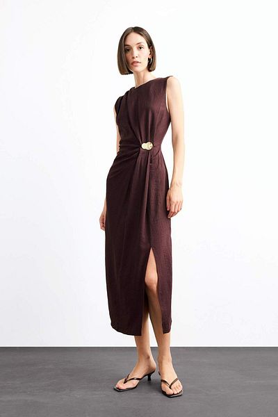 DeFacto Fitted Buckle Detail Poplin Sleeveless Slit Midi Dress G0267Ax25Sm