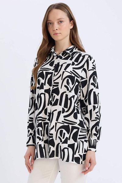 DeFacto Relax Fit Shirt Collar Patterned Viscose Long Sleeve Tunic D7348Ax25Sp