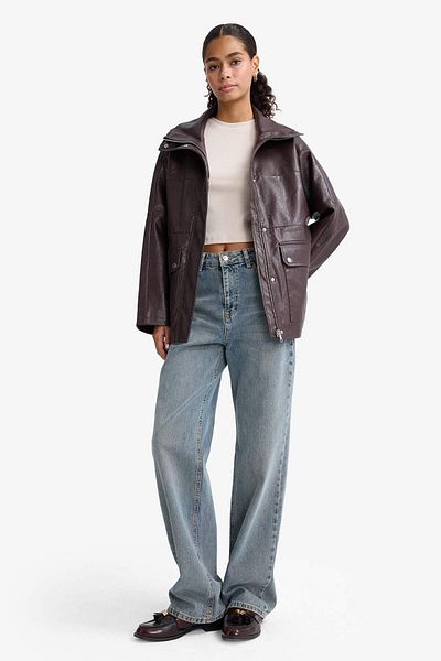 DeFacto Relax Fit Stand Collar Faux Leather Coat E8544Ax25Au