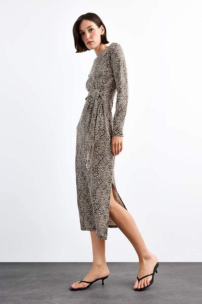 DeFacto Leopard Print Twill Long Sleeve Midi Dress G0737Ax25Sm