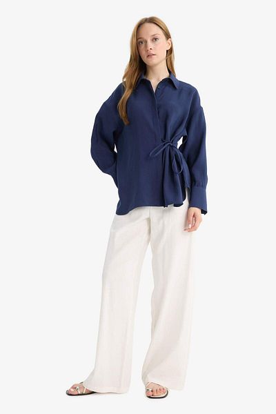 DeFacto Relax Fit Modal Front Tie-Up Long Sleeve Shirt Tunic F1358Ax25Au