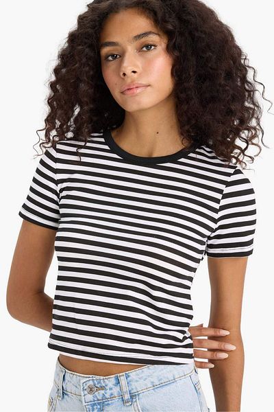 DeFacto Slim Fit Slim Fit Crew Neck Striped Combed Cotton Short Sleeve T-Shirt F1061Ax25Au