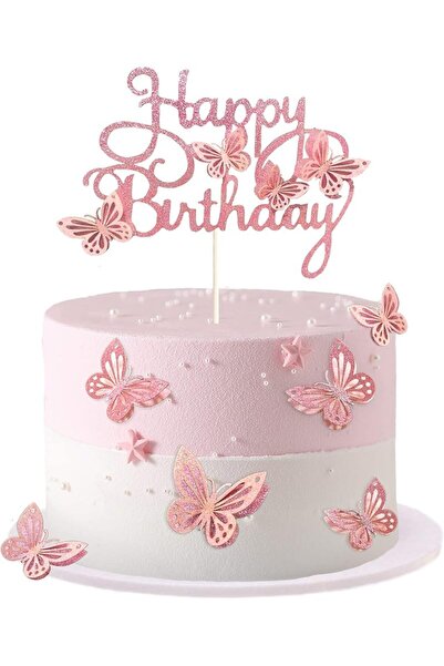 Choice1 13 قطعة من زينة كعكة الفراشة الوردية لعيد ميلاد سعيد، زينة ثلاثية الأ...