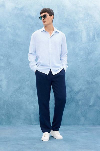 DeFacto Modern Fit Polo Neck Striped Crinkle Long Sleeve Shirt E9053Ax25Au