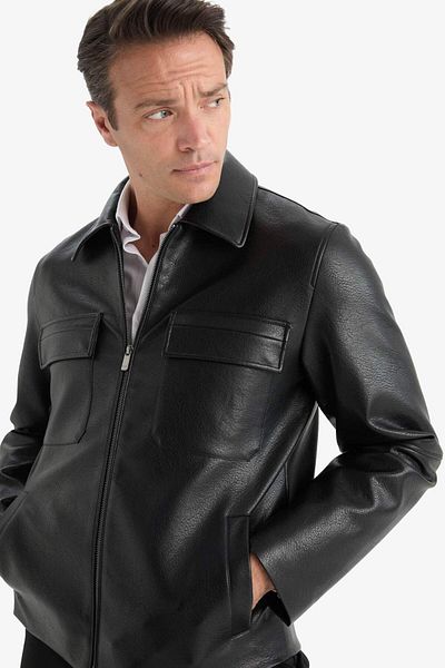 DeFacto Slim Fit Slim Fit Polo Collar Zippered Faux Leather Coat F0503Ax25Au