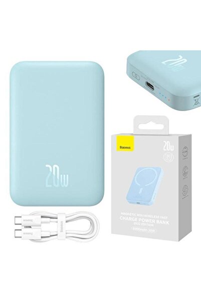 Baseus Magnetic Mini Wireless Power Bank, 6000 mAh, Fast Charging 20W, USB-C Cable Included (Blue)