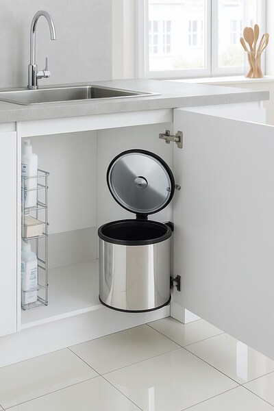 Fevito Banyo, Mutfak Dolabı İçi 11 Litre Metal Çöp Kovası – Krom, Tüm Dolaplara Uyumlu Tezgah Altı Çöp Kova