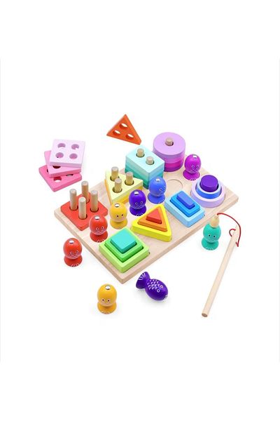 OEM 3in1 Wooden Educational Toy, with Sorting and Stacking, Magnetic Fishing, Multicolor