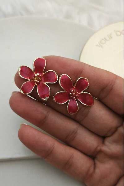 KYOLA DESİGN Kırmızı Mineli Çiçek Gold Küpe (3 cm)