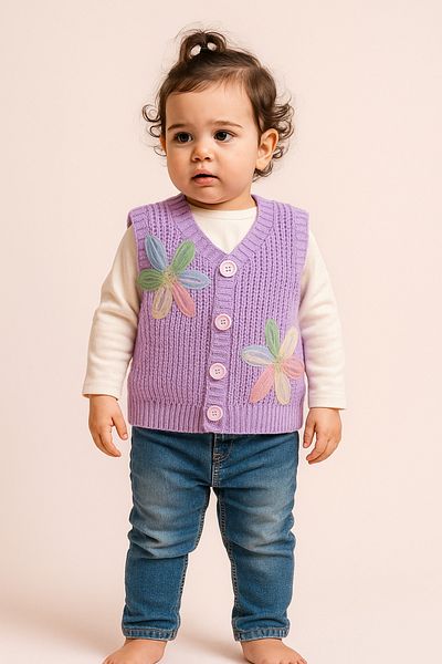 Nimini Kids New Season Flower Detailed Buttoned Knitwear Thessaloniki Knitted Baby Girl Children's Vest (0-8 Years)