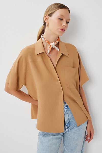 Lovelyİstanbul Short Sleeve Pocketed Ayrobin Shirt Lmx0117 Camel