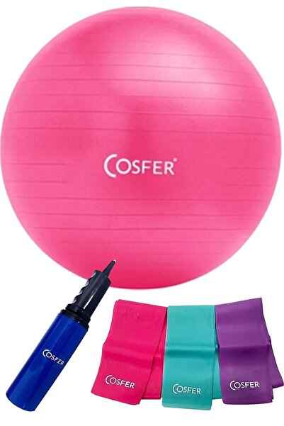 Pembe 65cm Pilates Topu Pompa ve 3'lü Band Seti, sağlıklı egzersiz aksesuarları