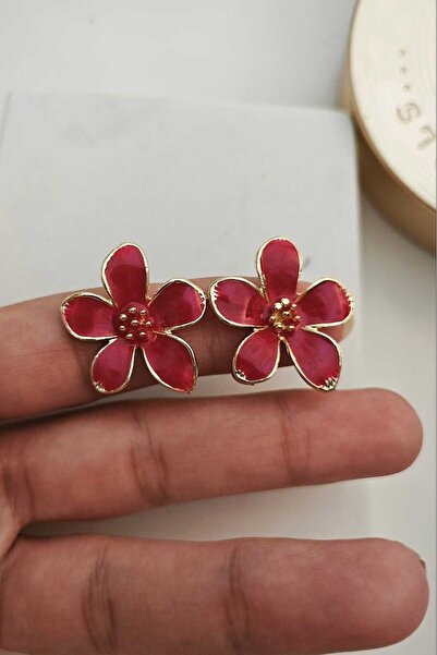 KYOLA DESİGN Kırmızı Mineli Çiçek Gold Küpe (3 cm)