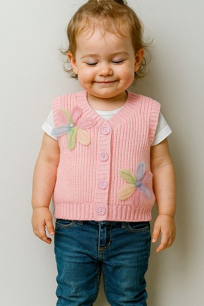 Nimini Kids New Season Flower Detailed Buttoned Knitwear Thessaloniki Knitted Baby Girl Children's Vest (0-8 Years)