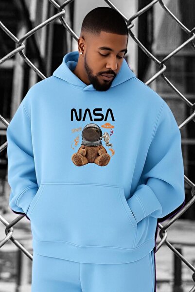 BENROMA سترة رياضية كبيرة الحجم مطبوعة بشعار ناسا من القطن الممشط بثلاث خيوط