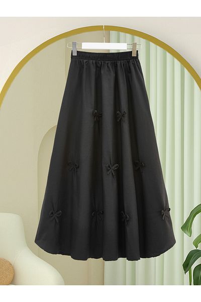 Modamorfo Poplin Skirt with Elastic Waist and Bow Detail - Black