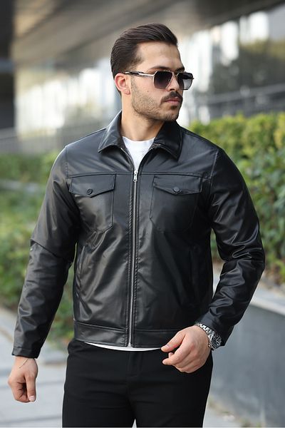 BYzıt Men's Black Leather Jacket