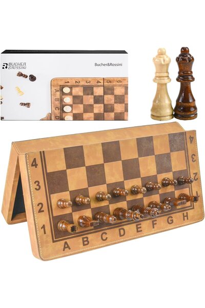 OEM Set de șah pliabil, magnetic, acoperit cu piele PU 300x300 mm, piesă de colecție