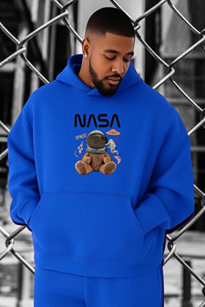 BENROMA سترة رياضية كبيرة الحجم مطبوعة بشعار ناسا من القطن الممشط بثلاث خيوط