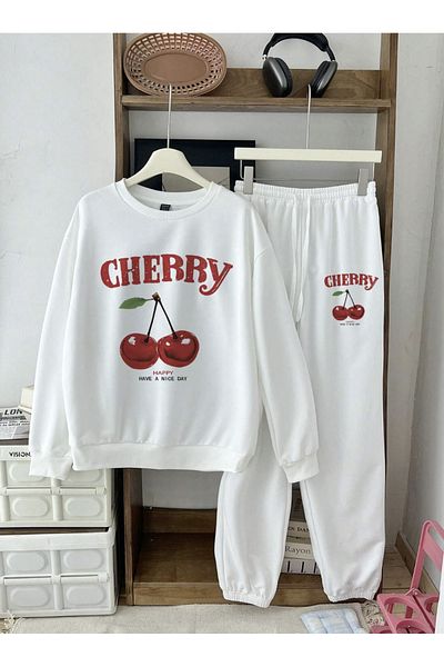 COHERENT Unisex Women/Men Cherry Custom Printed Cotton Oversize Jogger Hooded Sweatshirt Bottom Top Set
