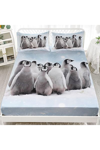 OEM Bed linen with Penguins pattern, mattress sheet 160x200 cm and 2 pillowcases 80x80 cm