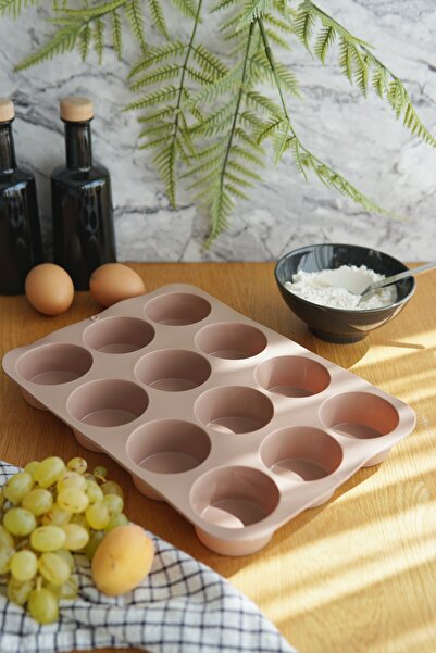 EVLE 12'Li Silikon Muffin Kek Kalıbı, Platinum Silikon, Açık Kahverengi