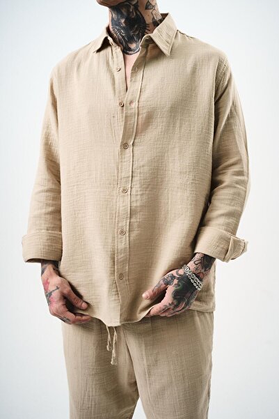 Respire Чоловіча сорочка з довгими рукавами Oversize з мусліну, бежева