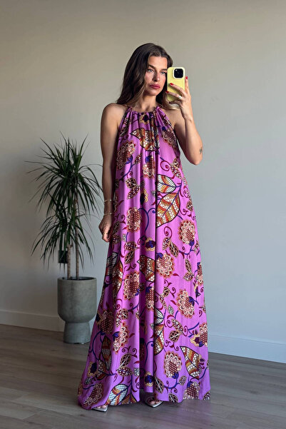 Sue Store Lila Desenli Boyundan Bağcıklı Oversize Elbise