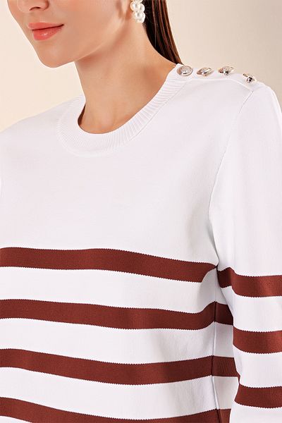Merterium Women's Buttoned Striped Sweater C. Brown 1220