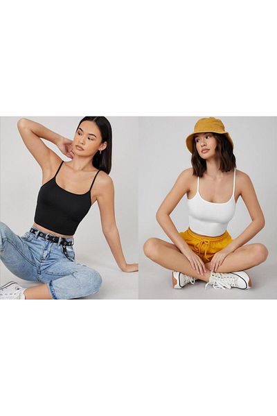 ÖZ PAMUK Essence Cotton 2Pcs Plain Fabric Lycra Women's Thin Strap Basic Tank Top Crop Blouse