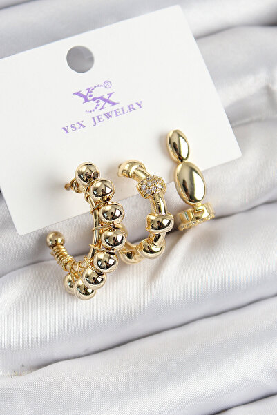 Skygo Brass Zircon Stone Hoop Model Gold Color 3-Piece Women's Earrings - Tj-Bkp10941