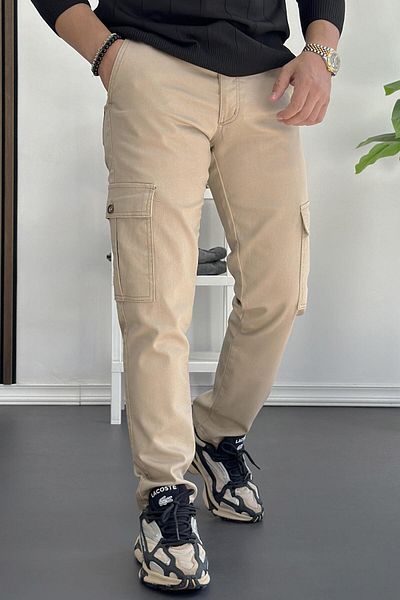 Edwox Men's Side Pocket Cargo Pants Cream Edw400