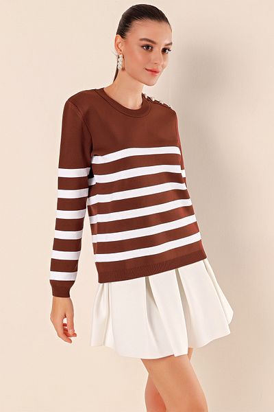 Merterium Women's Buttoned Striped Sweater Brown 1220