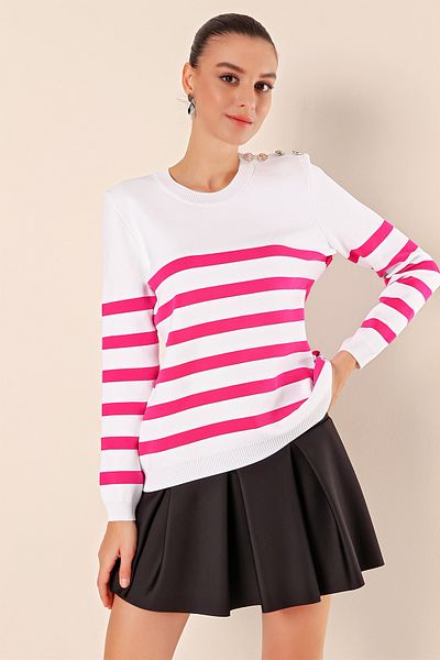 Merterium Women's Buttoned Striped Sweater C. Fuchsia 1220
