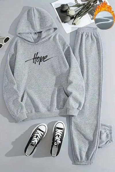Sweetline Unisex Hope Printed Hooded Gray Tracksuit Set - Winter Embossed Fabric