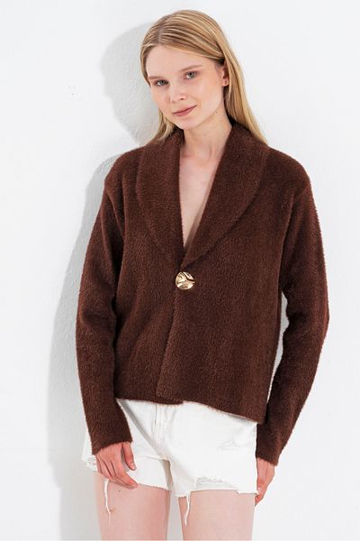 NATUFIAN STORE Women's Furry Single Button Bearded Washable Premium Look Knitwear Cardigan
