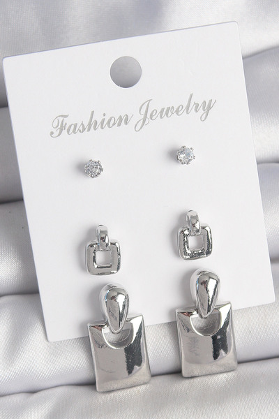 Skygo Brass Silver Color Zircon Stone Detail Dangle Square Model 3 Pair Women Earrings Set - Tj-Bkp10603