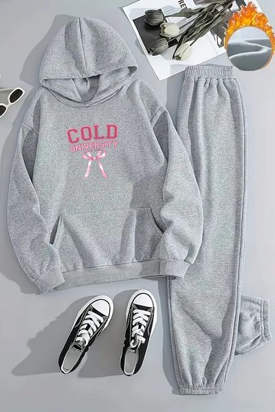CLAYES Unisex Cold University Printed Hooded Gray Tracksuit Set - Winter Embossed Fabric