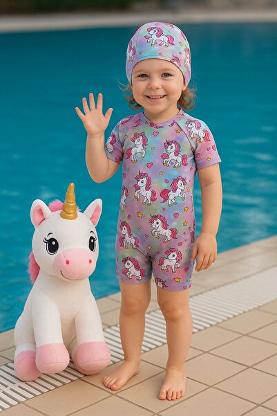 Mai Perla Kız Çocuk Tulum Mayo Unicorn Kostüm Desenli Arkadan Fermuarlı Bone Hediyeli Esnek ve Rahat 1-5 Yaş