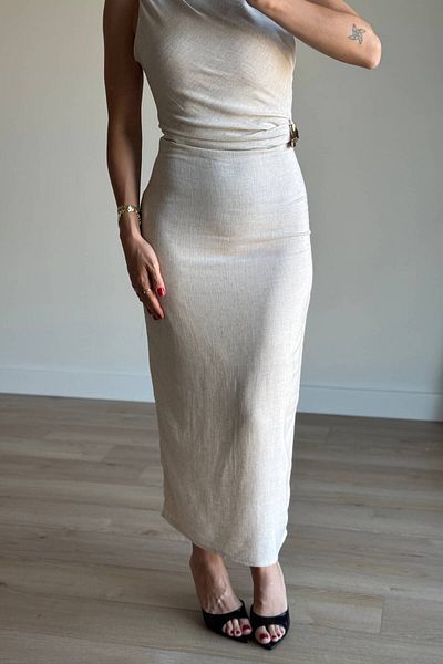Sue Store Stone Color Waist Buckle Lined Slit Linen Dress