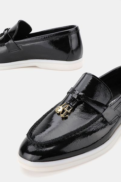 TUNAELLİ Women's Black Patent Leather Genuine Natural Leather 36-41 Number Bow Loafer Shoes
