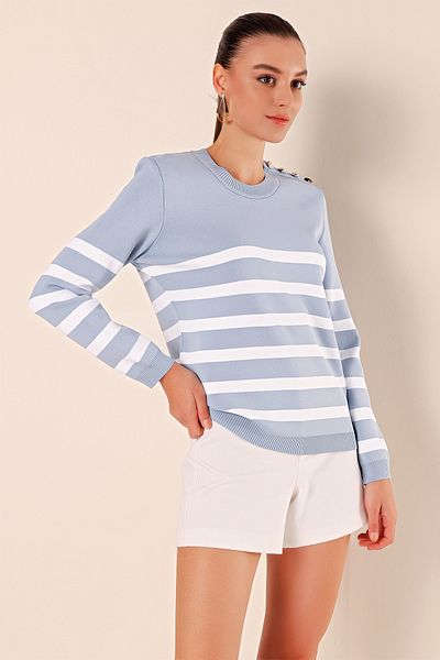Merterium Women's Buttoned Striped Sweater Indigo 1220