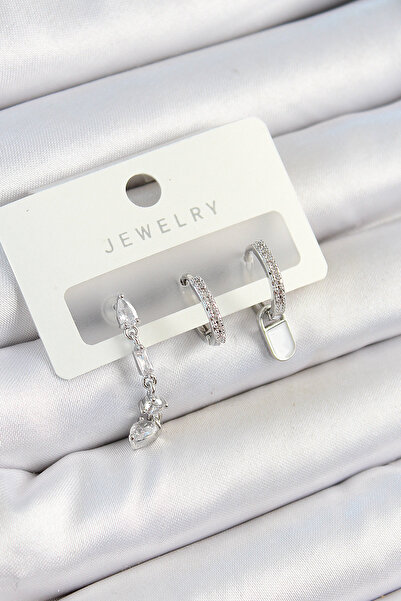 Skygo Brass Zircon Stone Dangle Model Silver Color 3-Piece Double Women's Earring Set - Tj-Bkp10787