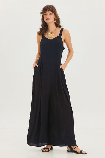 Clandestino Thick Strap V-Neck Long Jumpsuit Black