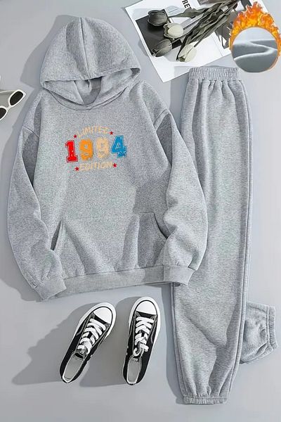 Sweetline Unisex 1994 Limited Printed Hooded Gray Tracksuit Set - Winter Embossed Fabric