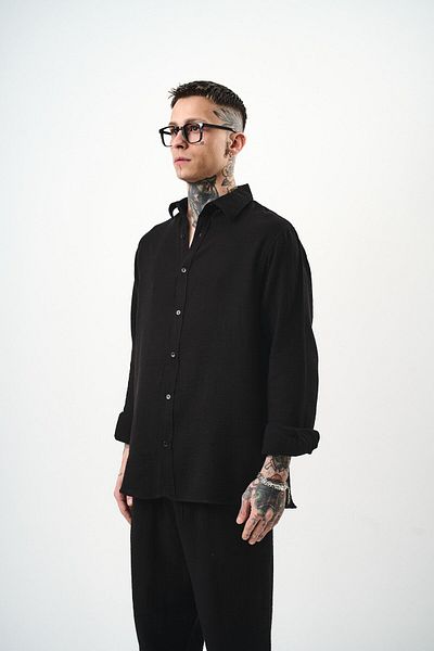 Respire Men's Long Sleeve Oversize Muslin Shirt Black