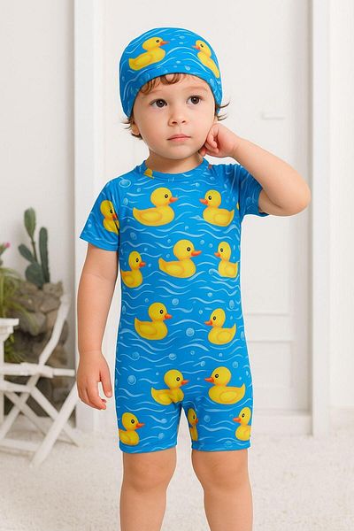 Mai Perla Children's Unisex Jumpsuit Swimsuit Duck Costume Patterned Back Zipper with Bonnet Gift Flexible and Comfortable 1-5 Years Old