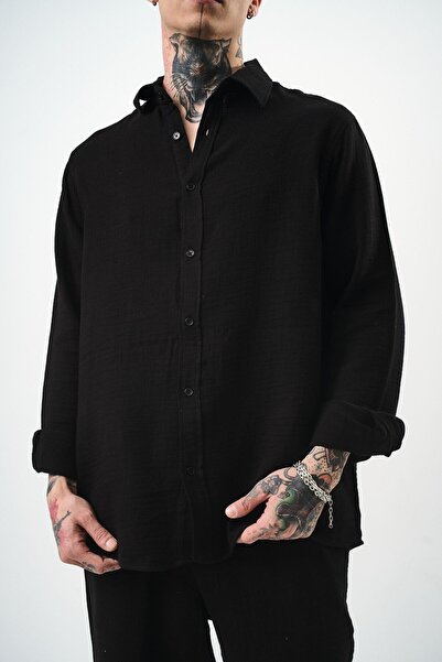 Respire Чоловіча сорочка з довгими рукавами Oversize з мусліну, чорна