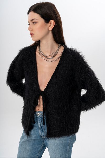 NATUFIAN STORE Women's Long Furry Tie Detail Washable Premium Look Knitwear Cardigan
