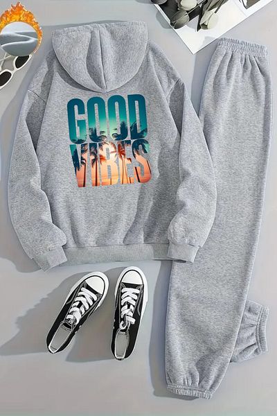 Sweetline Unisex Good Vbs Back Printed Hooded Gray Tracksuit Set - Winter Hooded Fabric